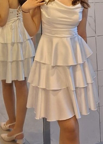 Kadın Beyaz Mini Kat Kat Saten abiye - Görsel 4