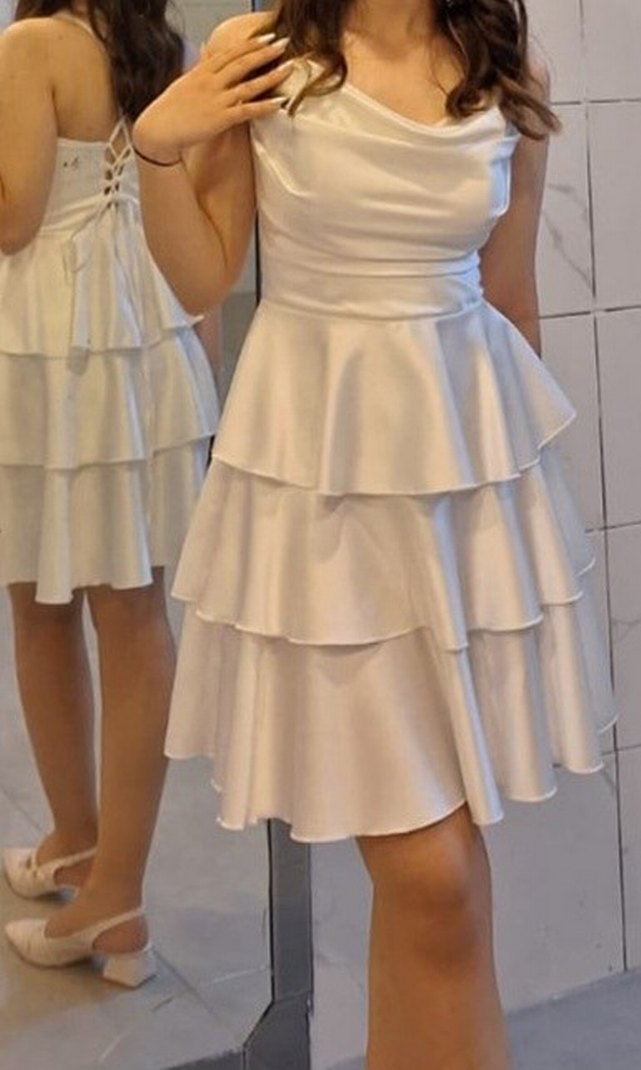 Kadın Beyaz Mini Kat Kat Saten abiye - Görsel 4