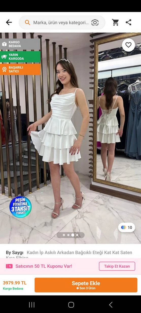 Kadın Beyaz Mini Kat Kat Saten abiye - Görsel 2