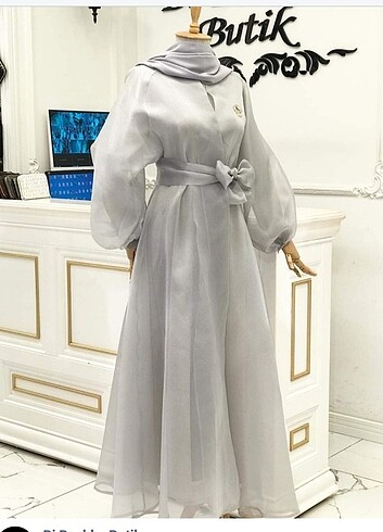 Gri organze abaya 2li takım
