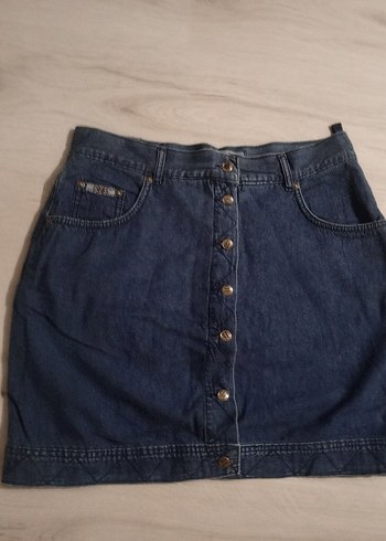 Diğer Düğmeli Koyu Mavi Denim Mini Etek