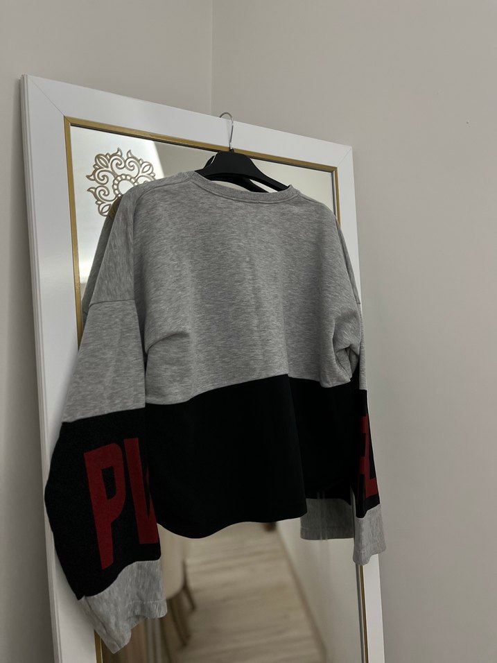 Gri Oversize Bisiklet Yaka Baskılı Sweatshirt - Görsel 2