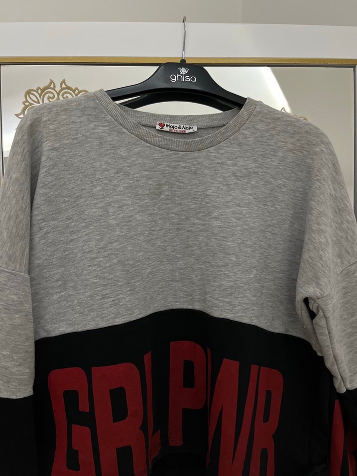 Gri Oversize Bisiklet Yaka Baskılı Sweatshirt - Görsel 3