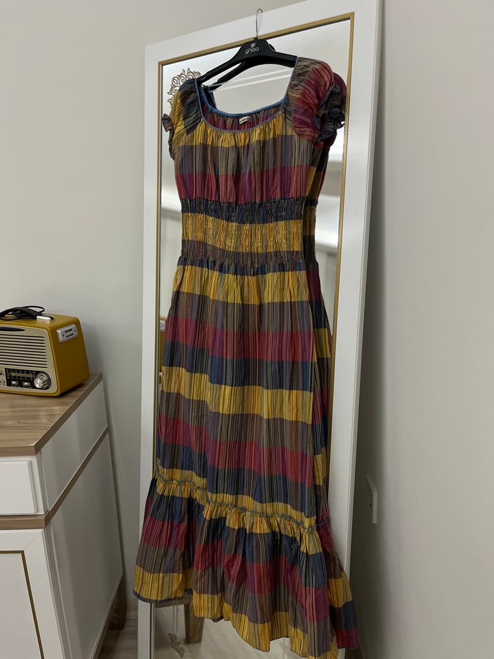 Bohem Çok Renkli Pilili uzun elbise - Görsel 3