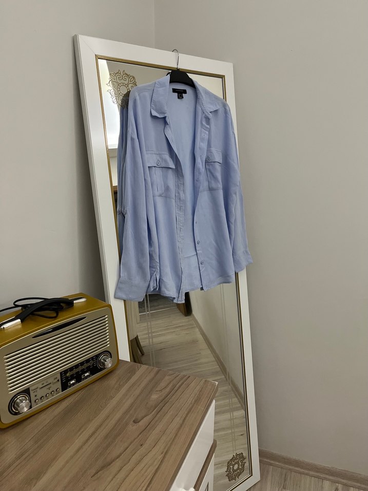 Gri Keten Kısa Kollu Kadın Gömlek - Görsel 4