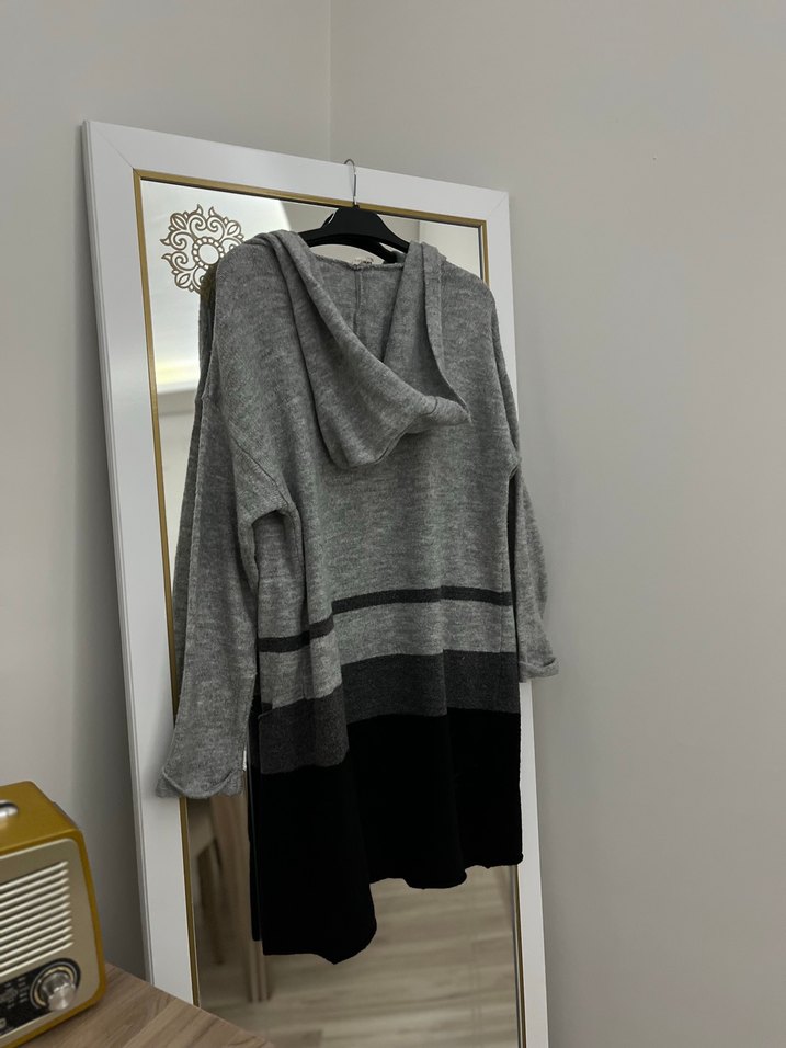 Gri Midi  Örme Yün Kadın Hırka - Görsel 3