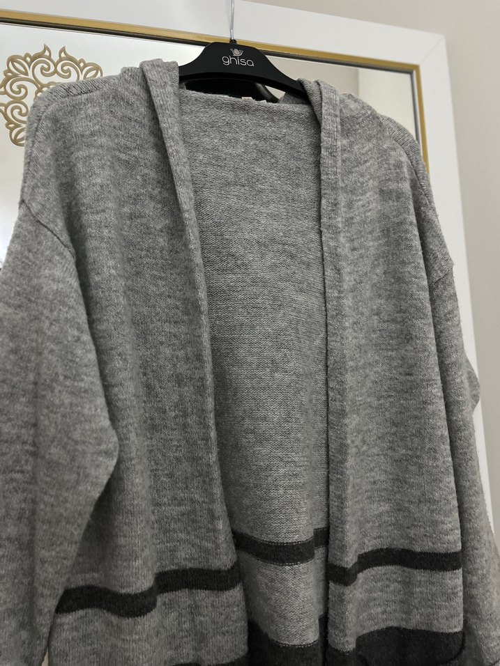 Gri Midi  Örme Yün Kadın Hırka - Görsel 2