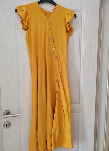 Hardal sarı uzun elbise 