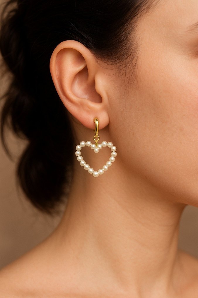 Klipsli inci Boncuklu Kalp Küpe - Görsel 2