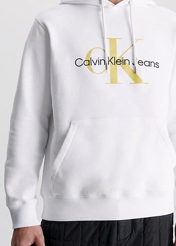 Calvin Klein Beyaz Baskili Kapusonlu Erkek Sweatshirt