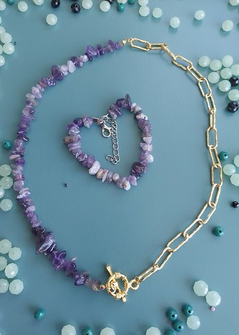 Ametis doğal taş kolye bileklik - Görsel 7