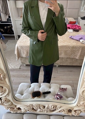 Düğmeli Yeşil Deri Kadın Blazer