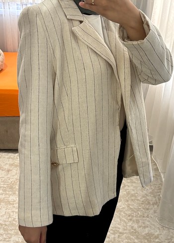 Bej Çizgili Keten Kadın Blazer Ceket - Görsel 4