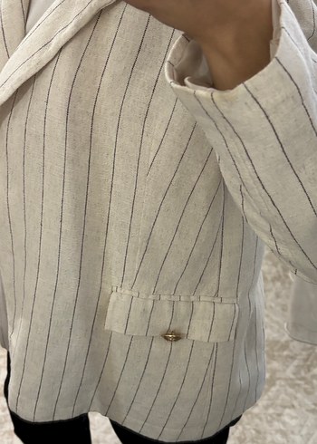 Bej Çizgili Keten Kadın Blazer Ceket - Görsel 7