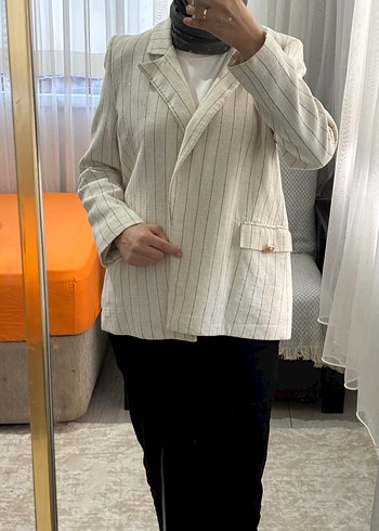 Bej Çizgili Keten Kadın Blazer Ceket - Görsel 5