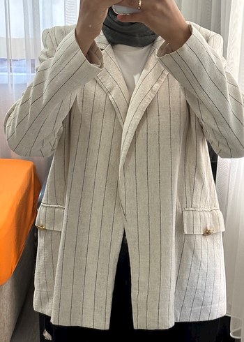 Bej Çizgili Keten Kadın Blazer Ceket - Görsel 9