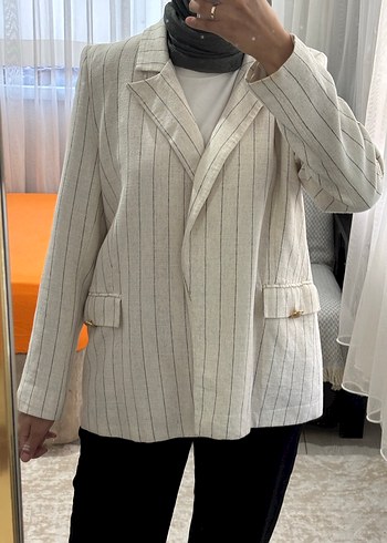 Bej Çizgili Keten Kadın Blazer Ceket - Görsel 3