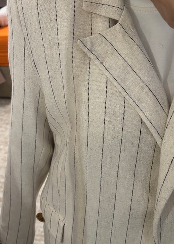 Bej Çizgili Keten Kadın Blazer Ceket - Görsel 6