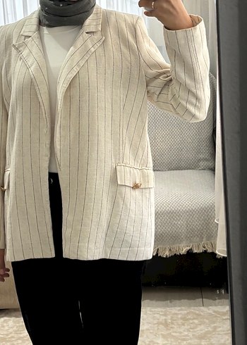 Bej Çizgili Keten Kadın Blazer Ceket - Görsel 8
