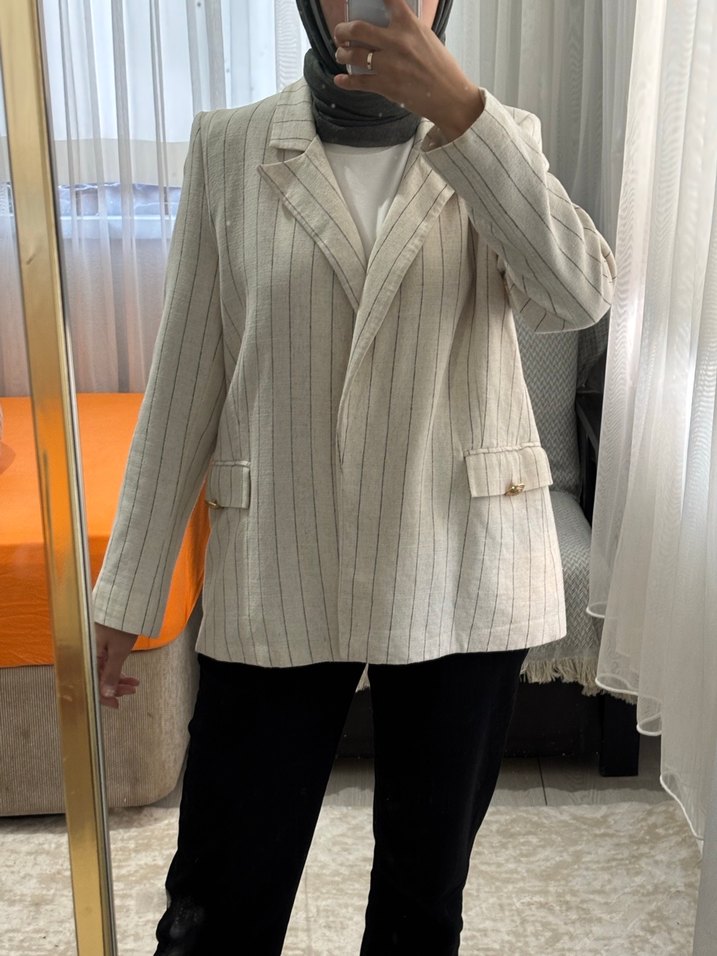 Bej Çizgili Keten Kadın Blazer Ceket - Görsel 2