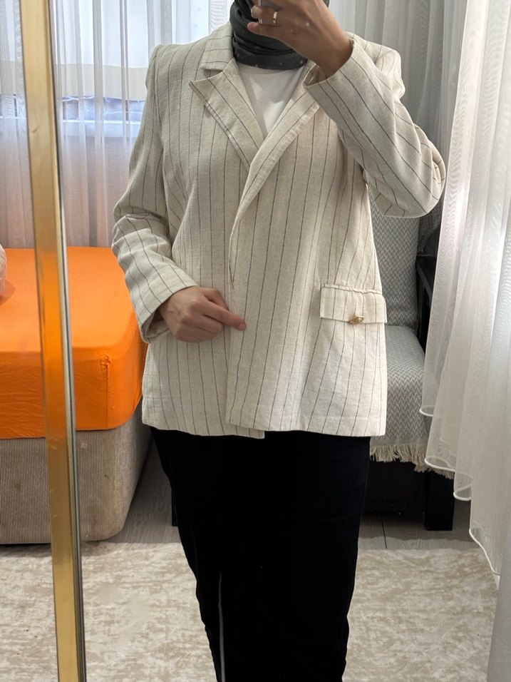 Bej Çizgili Keten Kadın Blazer Ceket - Görsel 5