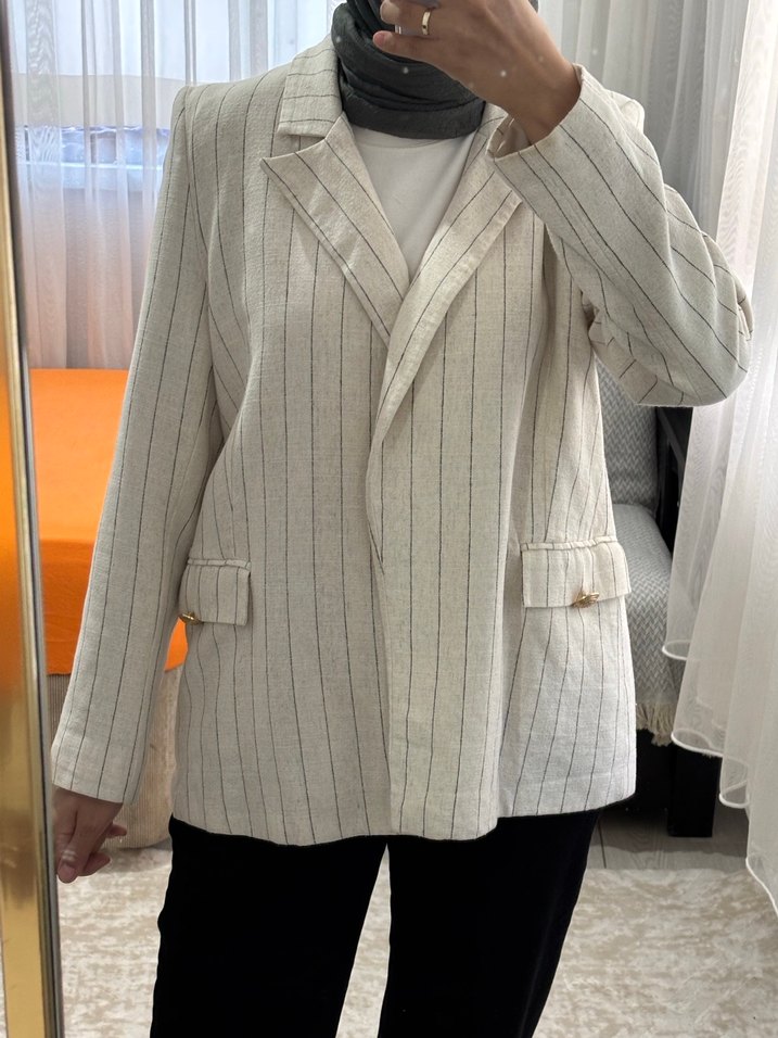 Bej Çizgili Keten Kadın Blazer Ceket - Görsel 3