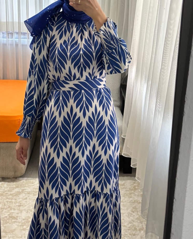 Mavi Pilili Uzun Bohem Elbise - Görsel 3