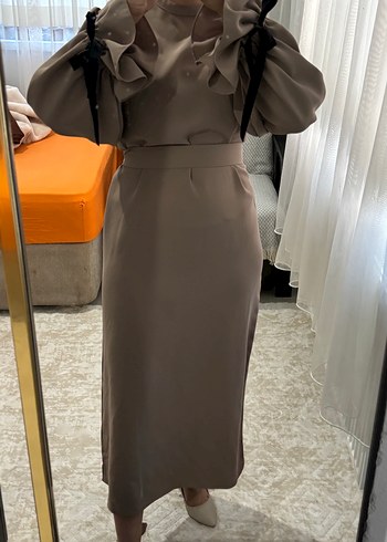 Bej Uzun Kollu Fırfırlı Kadın Elbise - Görsel 12