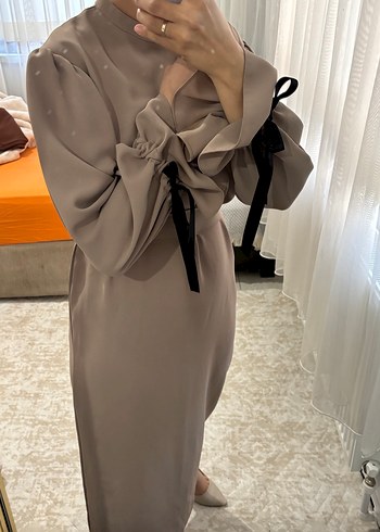 Bej Uzun Kollu Fırfırlı Kadın Elbise - Görsel 8