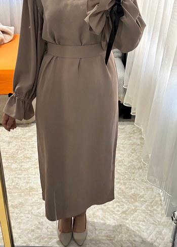 Bej Uzun Kollu Fırfırlı Kadın Elbise - Görsel 6