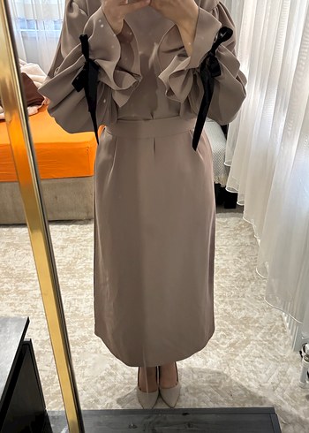 Bej Uzun Kollu Fırfırlı Kadın Elbise - Görsel 10