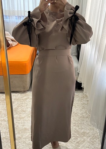 Bej Uzun Kollu Fırfırlı Kadın Elbise - Görsel 4