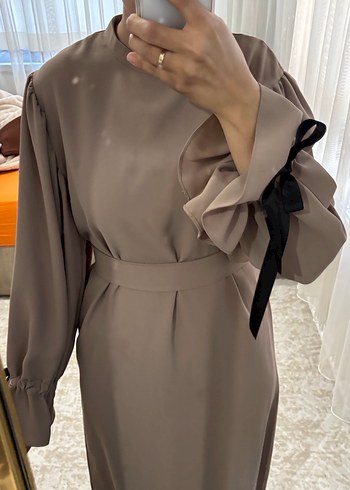 Bej Uzun Kollu Fırfırlı Kadın Elbise - Görsel 11