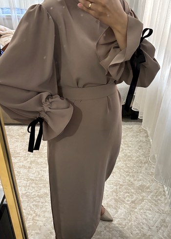 Bej Uzun Kollu Fırfırlı Kadın Elbise - Görsel 9