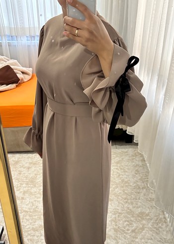 Bej Uzun Kollu Fırfırlı Kadın Elbise - Görsel 5