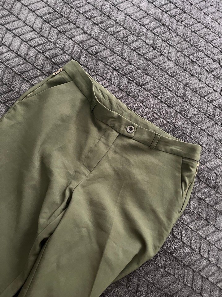 Kadın Haki Kumaş Pantolon, Normal Boy, Fermuarlı - Görsel 2