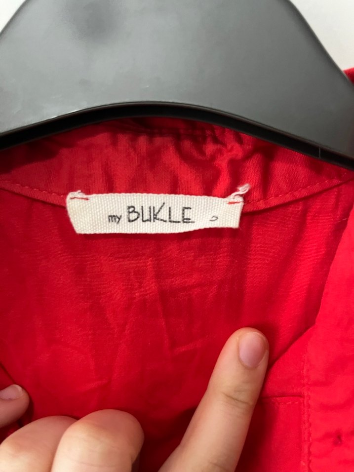 Kırmızı Keten Düğmeli Midi Elbise - Görsel 4