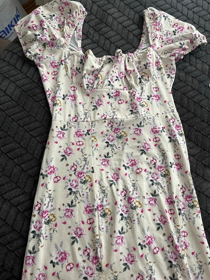 Pembe Çiçekli Uzun Straplez Elbise - Görsel 4