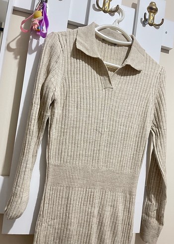 Bej Uzun Kollu Triko Elbise - Görsel 3