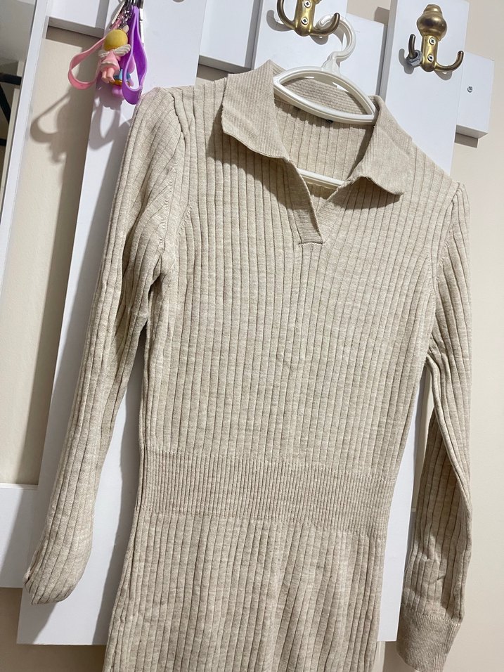 Bej Uzun Kollu Triko Elbise - Görsel 3