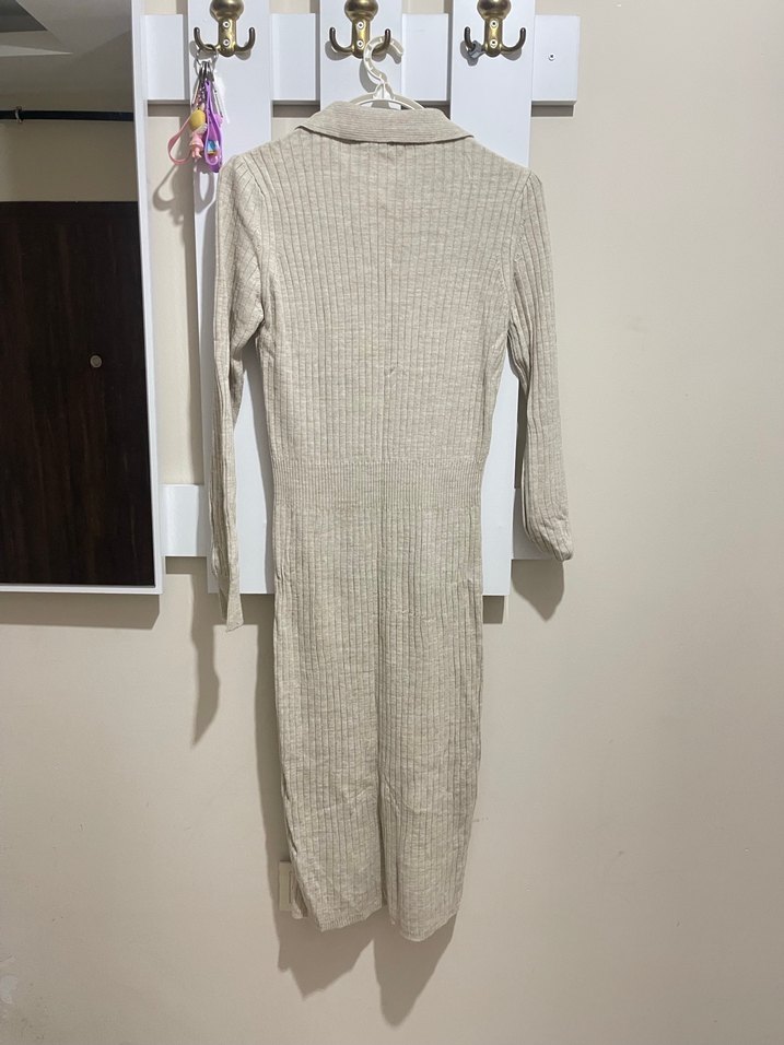 Bej Uzun Kollu Triko Elbise - Görsel 4