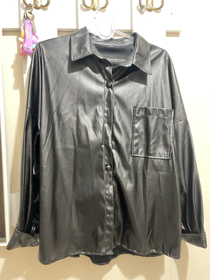 Siyah Deri Düğmeli Gömlek Ceket - Görsel 5