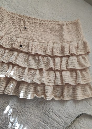 Bej Örgü Fırfırlı Mini Etek - Görsel 7