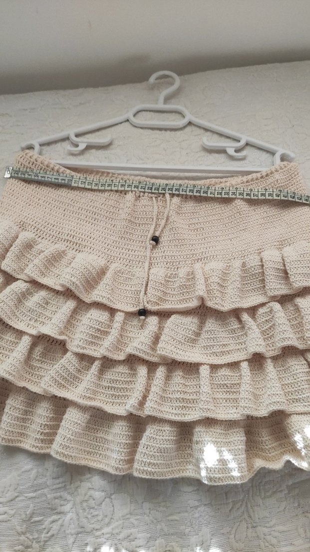 Bej Örgü Fırfırlı Mini Etek - Görsel 4