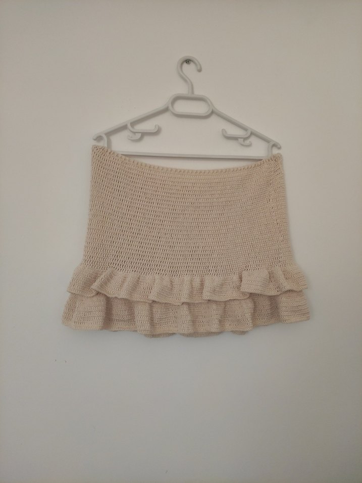Bej Örgü Volanlı Mini Etek - Görsel 2