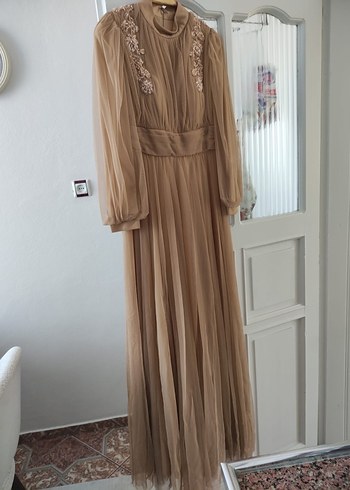 Bej İşlemeli Uzun Kollu Bohem Abiye Elbise - Görsel 4