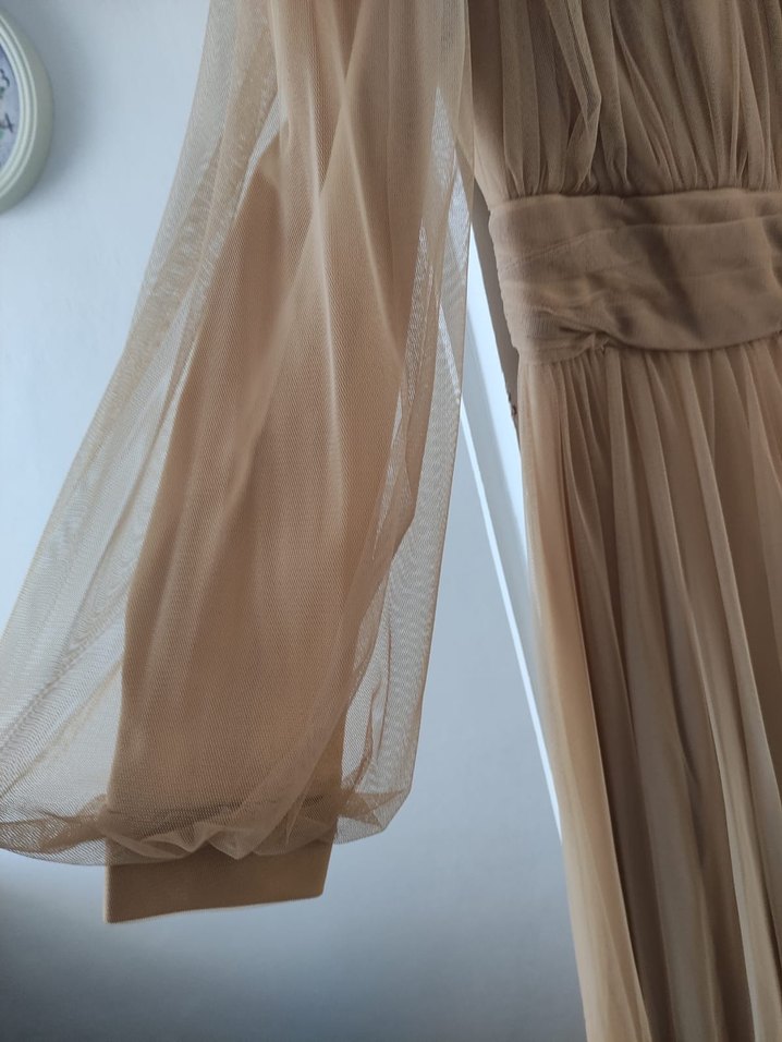 Bej İşlemeli Uzun Kollu Bohem Abiye Elbise - Görsel 2