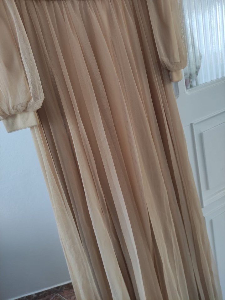 Bej İşlemeli Uzun Kollu Bohem Abiye Elbise - Görsel 3