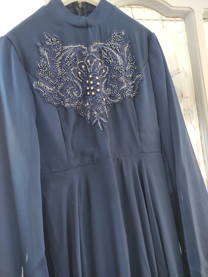 Nakışlı Lacivert Uzun Abiye Elbise - Görsel 5