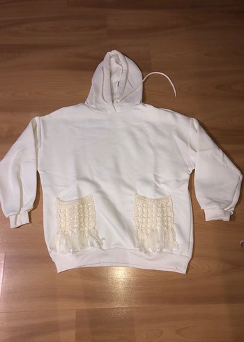 Dantel Detaylı Kapüşonlu Beyaz Kadın Sweatshirt